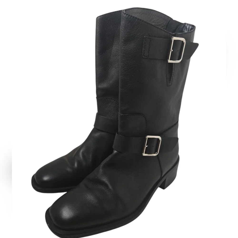 CHANEL - 14B CC Black Leather Buckle Moto Biker Boots - 37